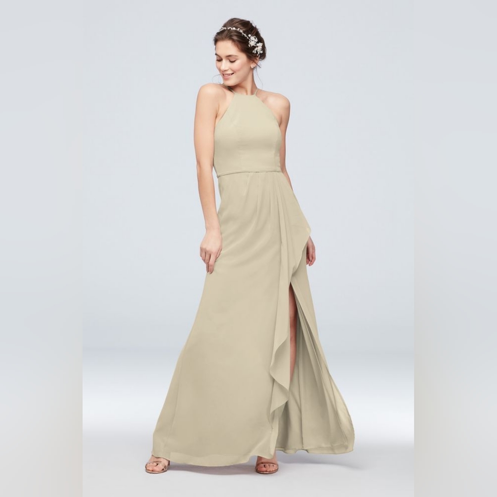 Sea green cascade and high-neck chiffon dress David's Bridal